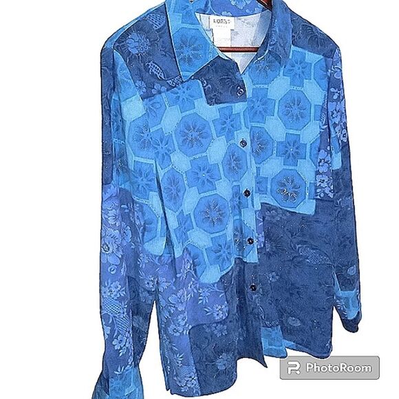 Beautiful Vintage Koret Cobalt  Blue Floral  Button Down Shirt Size 12 - Picture 3 of 3